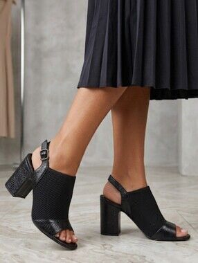 AGL Black Mesh Knit Pebbled Leather Slingback Block Heel Peep Toe Sandals 37
